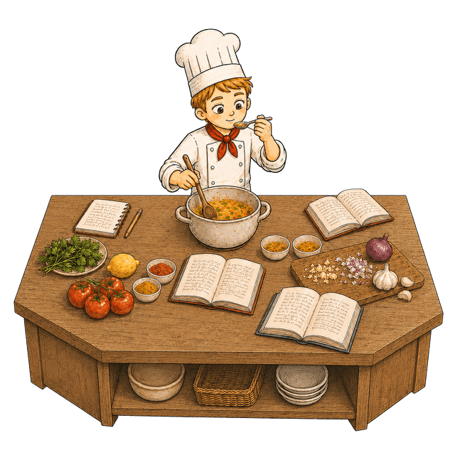 A young chef invents a new recipe by combining ideas from three cookbooks, experimenting with ingredients, and testing different versions.
