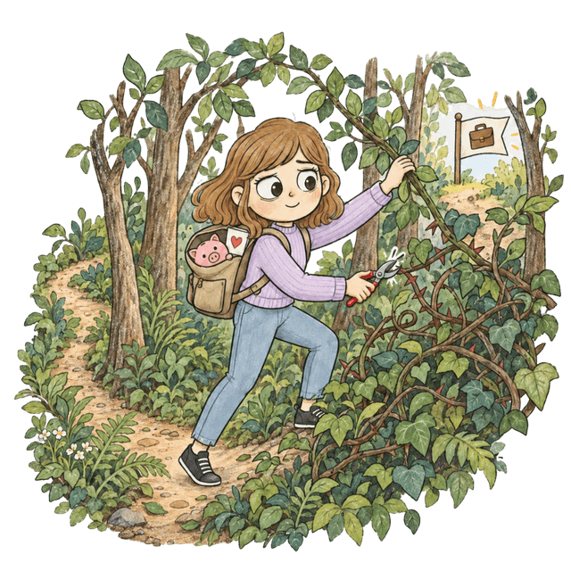 Girl uses pruning shears to clear a path through a dense forest towards a new career, carrying symbols of financial security and loved ones in her backpack.