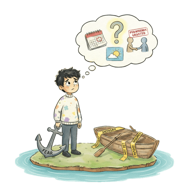 Boy on a small island holding an anchor labeled fear, hesitating to board a boat tied with “Monday” and “Not yet.”