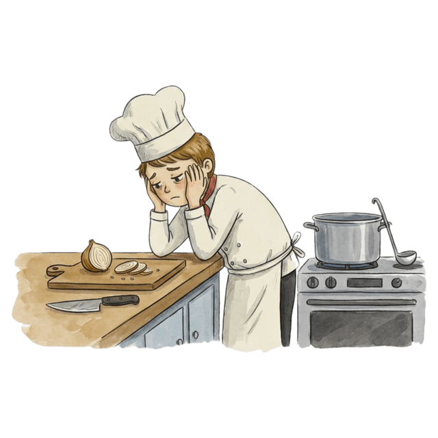 A drained chef pausing while cooking, symbolizing low energy and lack of motivation.